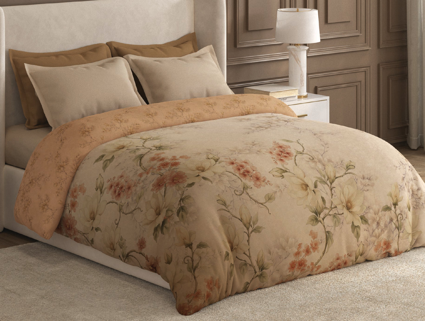 Spaces Nora Light Beige Floral Egyptian Cotton Tencel 350 TC Double Quilt, 88 x 106 Inches