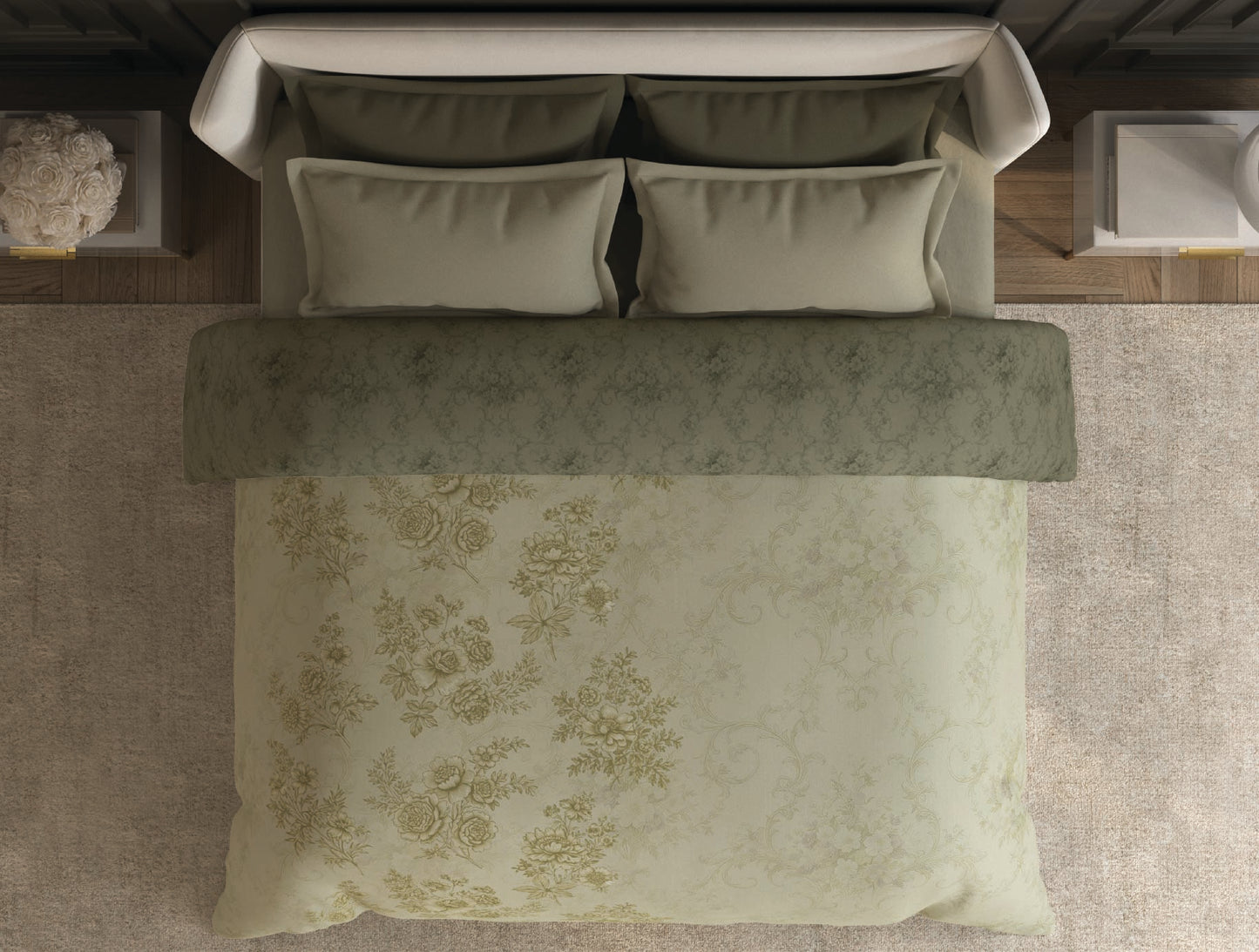Spaces Nora Light Green Floral Egyptian Cotton Tencel 350 TC Double Quilt, 88 x 106 Inches