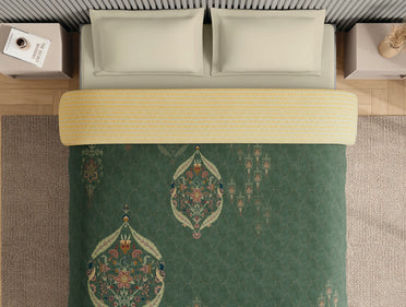 Spaces Neo Dark Green Ornate 100% Cotton Double Quilt - 88 x 106 Inches