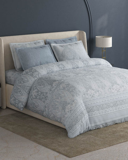 Spaces Meraki Light Grey 100% Cotton 300 TC Floral Premium Large Bedsheet with 4 Pillow Covers - 108 x 108 Inches