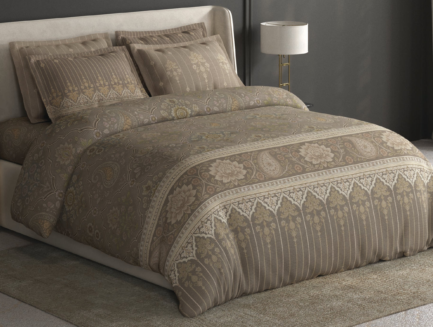 Spaces Meraki Light Taupe 100% Cotton 300 TC Floral Premium Large Bedsheet with 4 Pillow Covers - 108 x 108 Inches