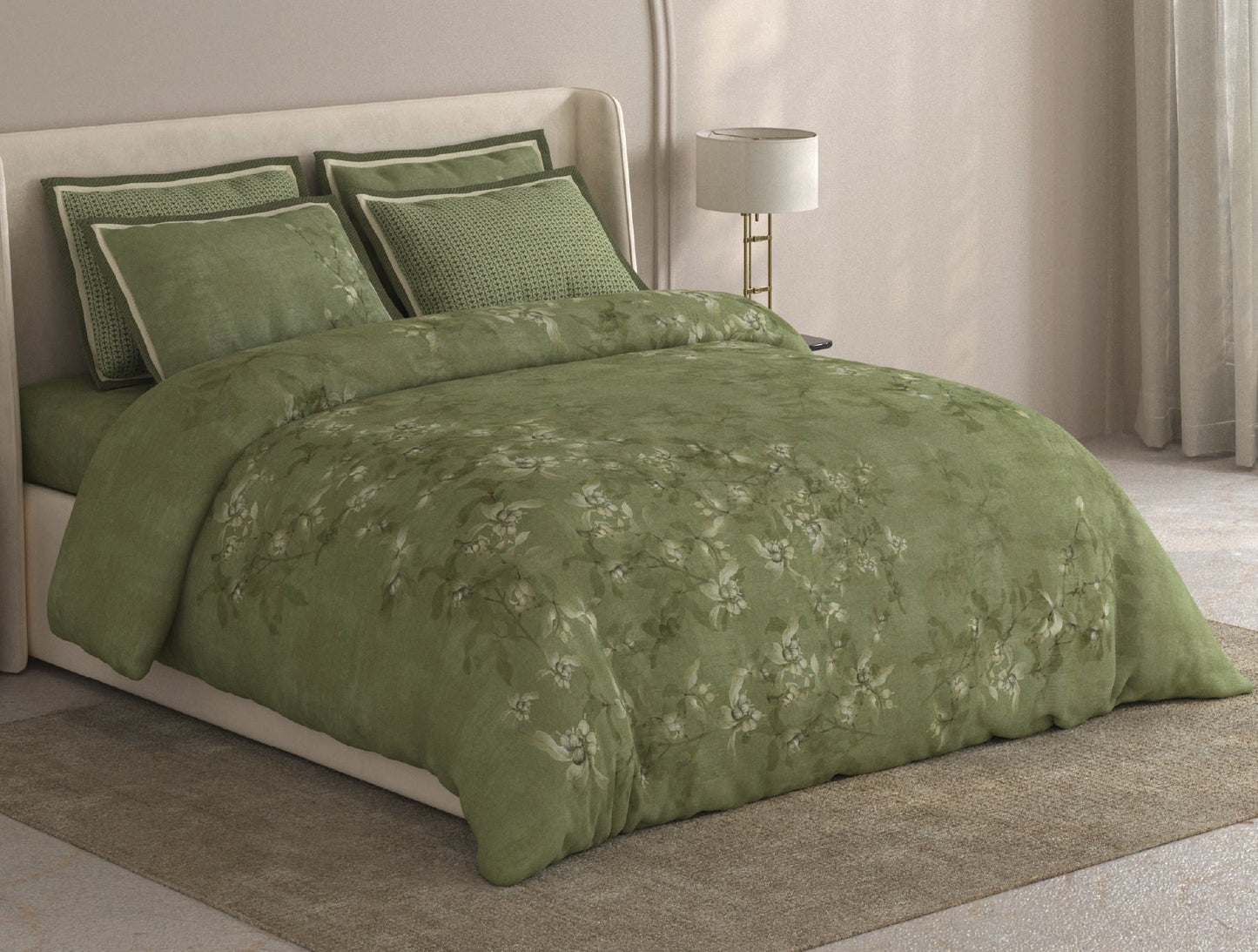 Spaces Meraki Light Green 100% Cotton 300 TC Floral Premium Large Bedsheet with 4 Pillow Covers - 108 x 108 Inches