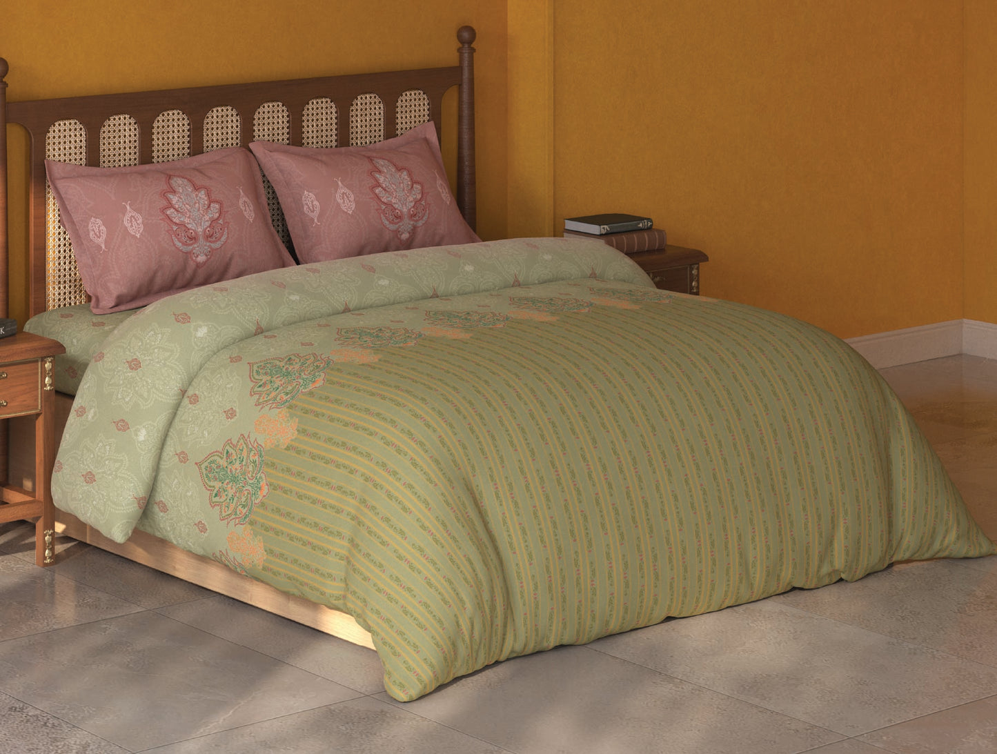Spaces Tvara Light Green Floral 100% Cotton Large Bedsheet with 2 Pillow Covers - 108 x 108 Inches