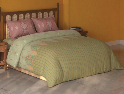 Spaces Tvara Light Green Floral 100% Cotton Large Bedsheet with 2 Pillow Covers - 108 x 108 Inches