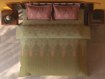 Spaces Tvara Light Green Floral 100% Cotton Large Bedsheet with 2 Pillow Covers - 108 x 108 Inches