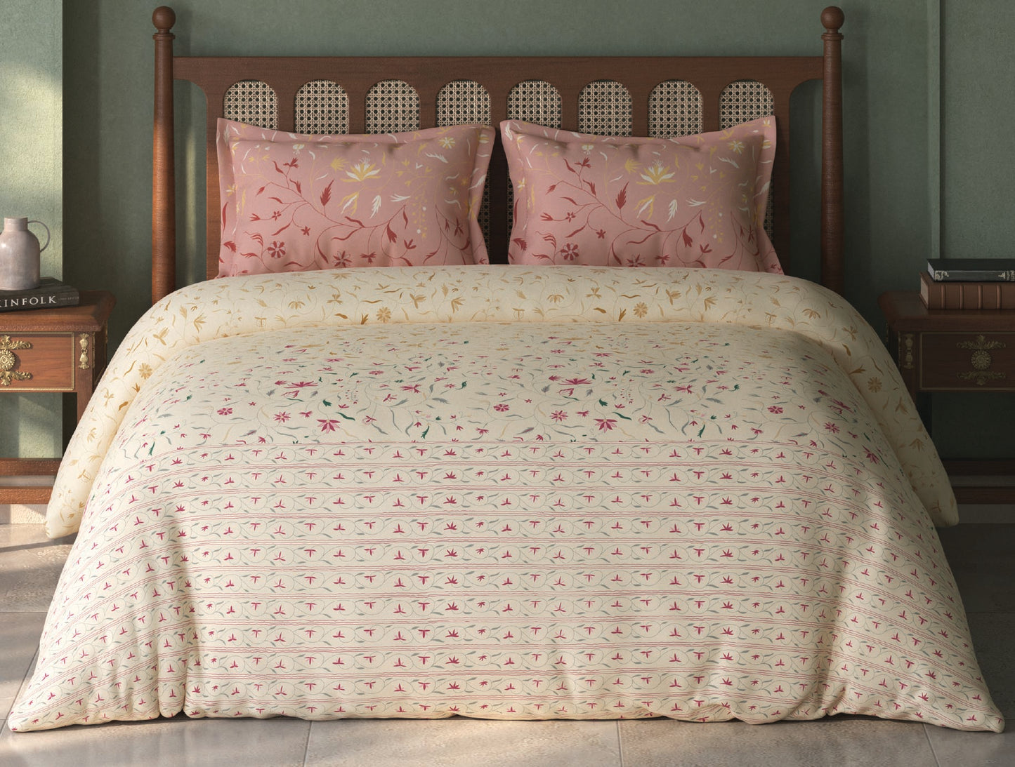 Spaces Tvara Beige Floral 100% Cotton Large Bedsheet with 2 Pillow Covers - 108 x 108 Inches