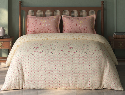 Spaces Tvara Beige Floral 100% Cotton Large Bedsheet with 2 Pillow Covers - 108 x 108 Inches