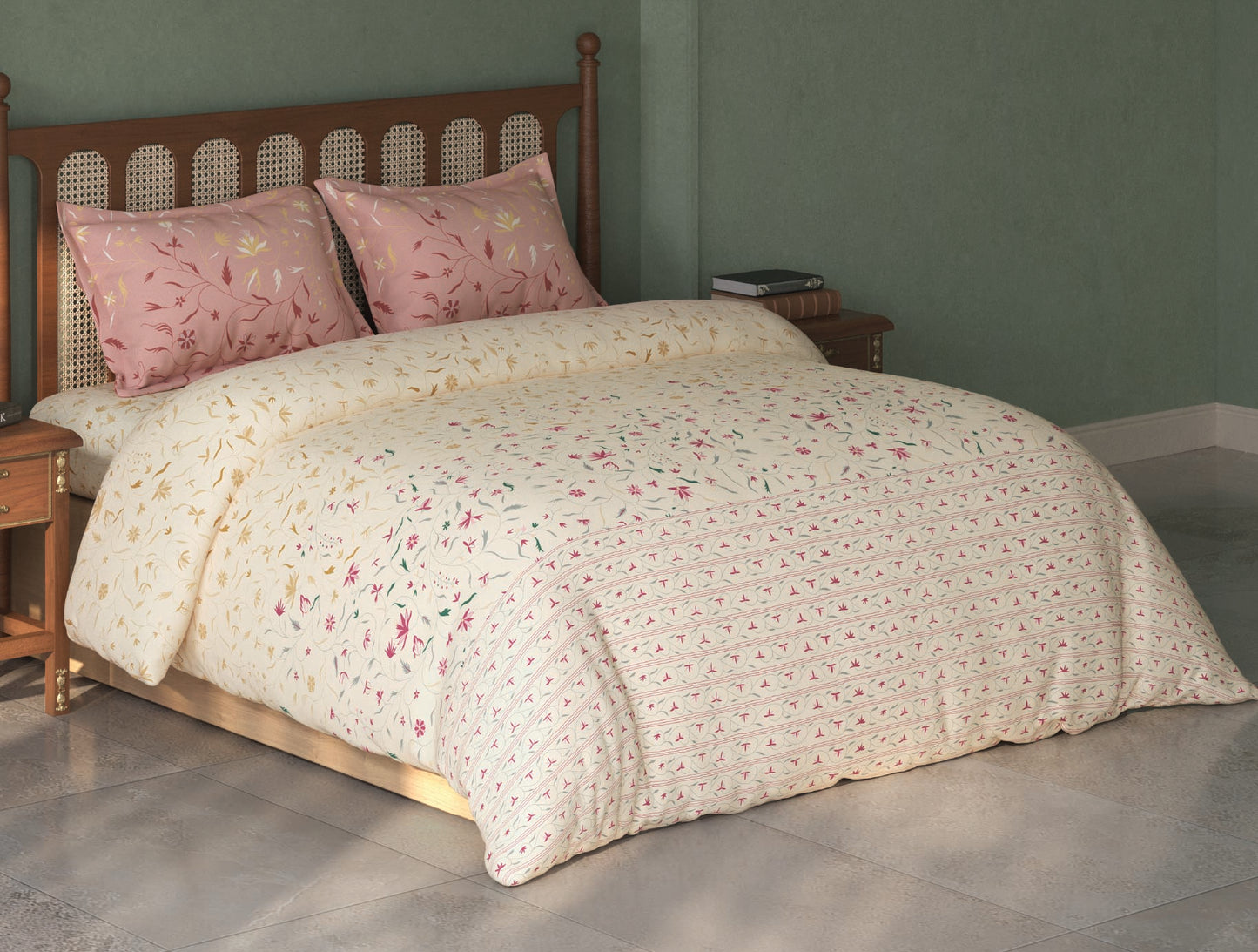 Spaces Tvara Beige Floral 100% Cotton Large Bedsheet with 2 Pillow Covers - 108 x 108 Inches