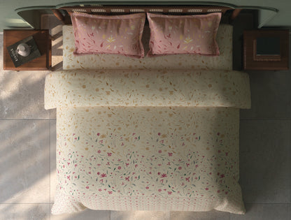 Spaces Tvara Beige Floral 100% Cotton Large Bedsheet with 2 Pillow Covers - 108 x 108 Inches