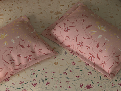 Spaces Tvara Beige Floral 100% Cotton Large Bedsheet with 2 Pillow Covers - 108 x 108 Inches