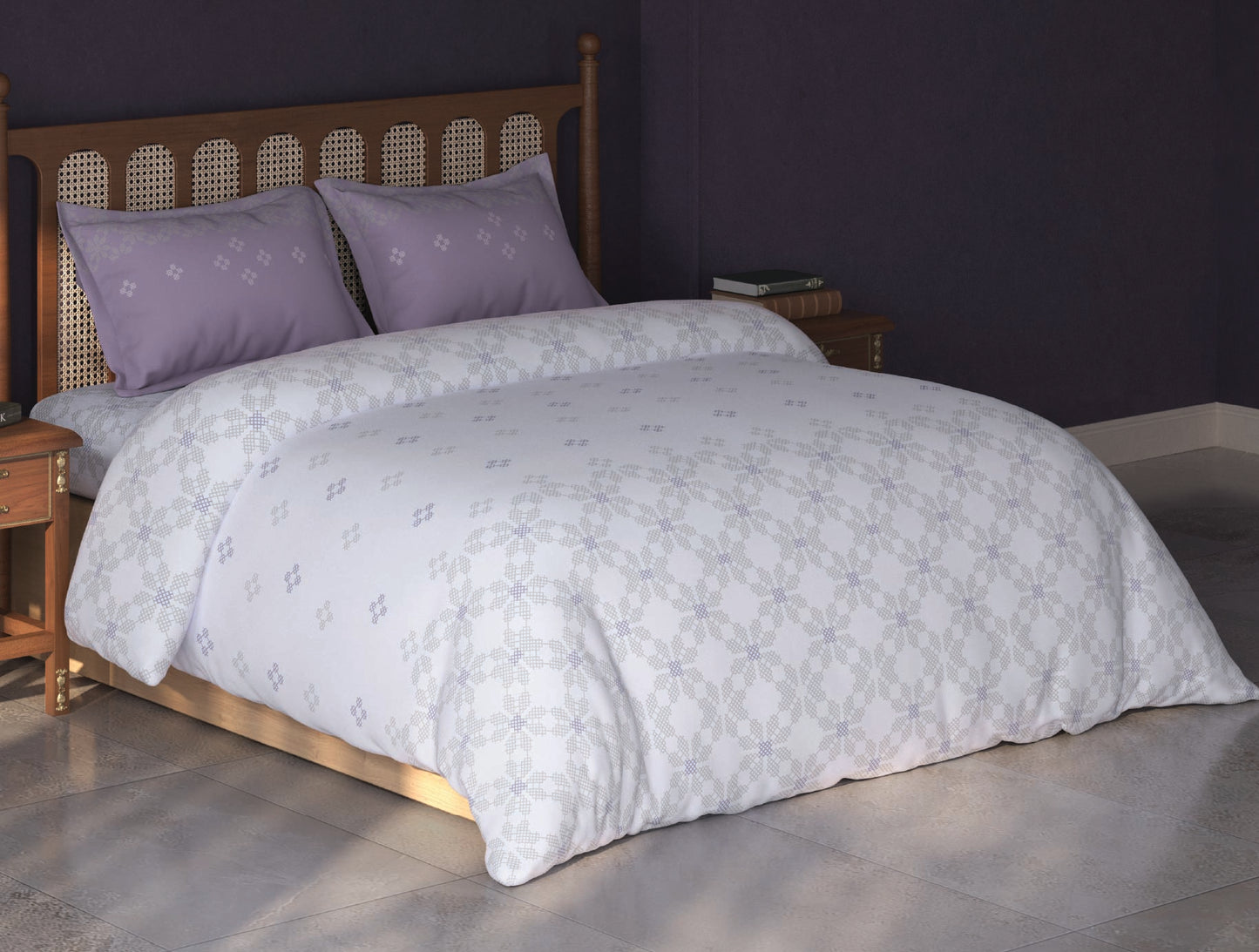Spaces Tvara Light Violet Ornate 100% Cotton Large Bedsheet with 2 Pillow Covers - 108 x 108 Inches