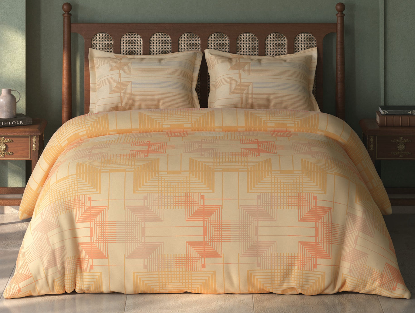 Spaces Tvara Peach Geometric 100% Cotton Large Bedsheet with 2 Pillow Covers - 108 x 108 Inches