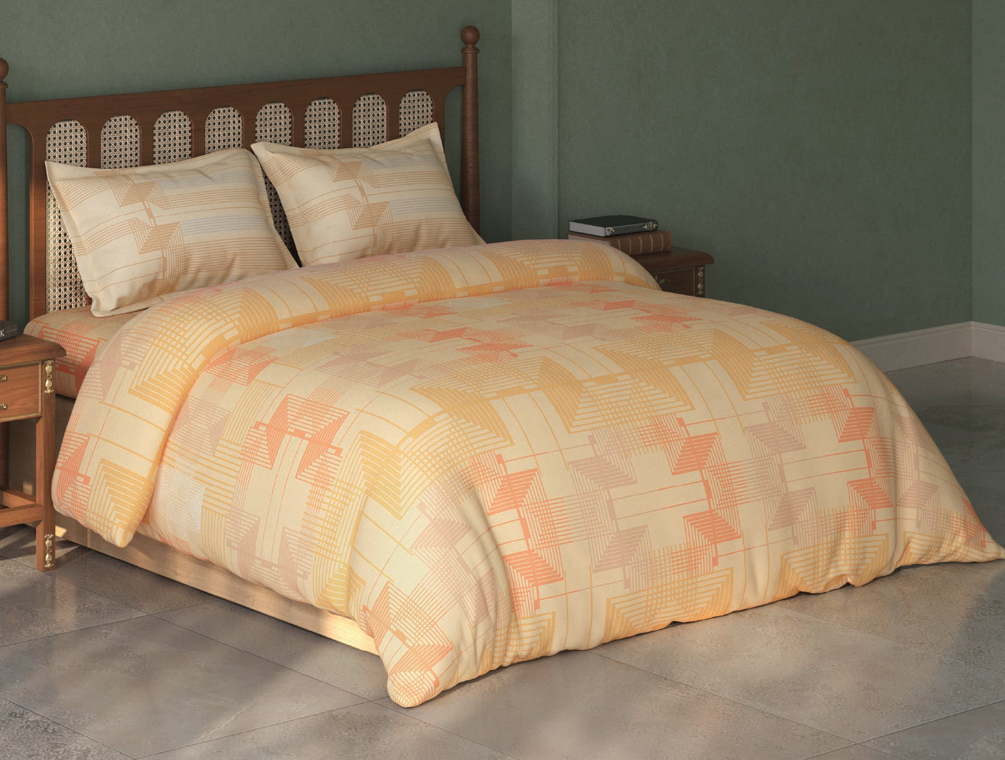 Spaces Tvara Peach Geometric 100% Cotton Large Bedsheet with 2 Pillow Covers - 108 x 108 Inches