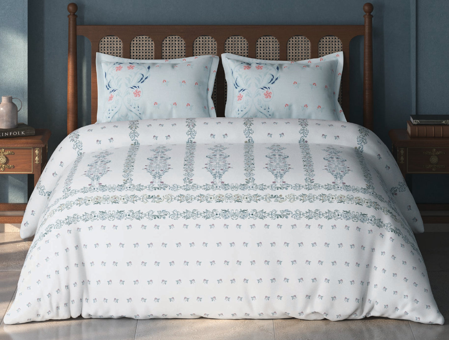 Spaces Tvara White Floral 100% Cotton Large Bedsheet with 2 Pillow Covers - 108 x 108 Inches