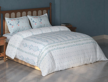 Spaces Tvara White Floral 100% Cotton Large Bedsheet with 2 Pillow Covers - 108 x 108 Inches