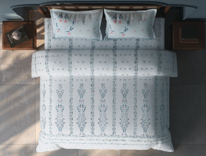 Spaces Tvara White Floral 100% Cotton Large Bedsheet with 2 Pillow Covers - 108 x 108 Inches