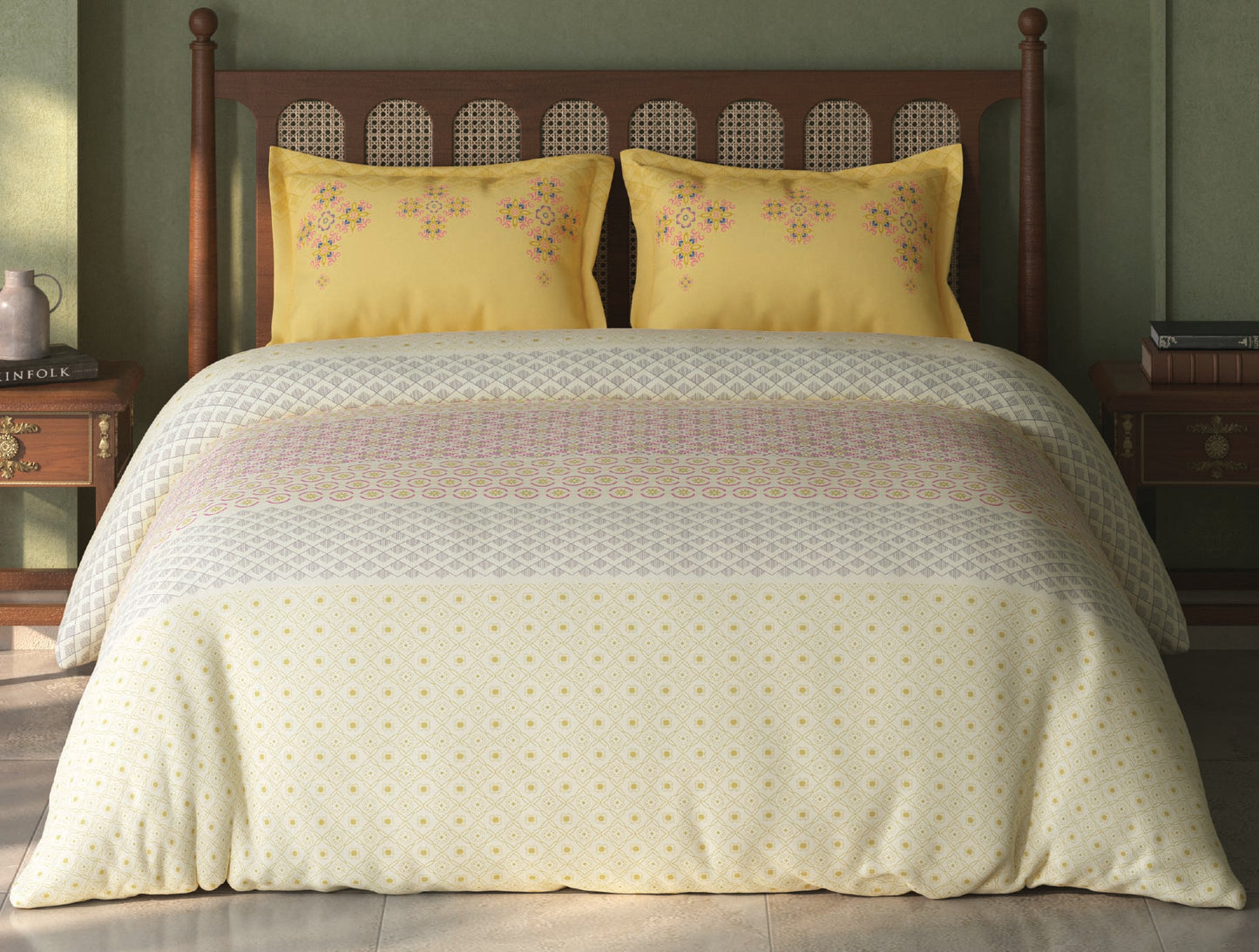 Spaces Tvara Light Yellow Floral 100% Cotton Large Bedsheet with 2 Pillow Covers - 108 x 108 Inches