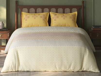 Spaces Tvara Light Yellow Floral 100% Cotton Large Bedsheet with 2 Pillow Covers - 108 x 108 Inches