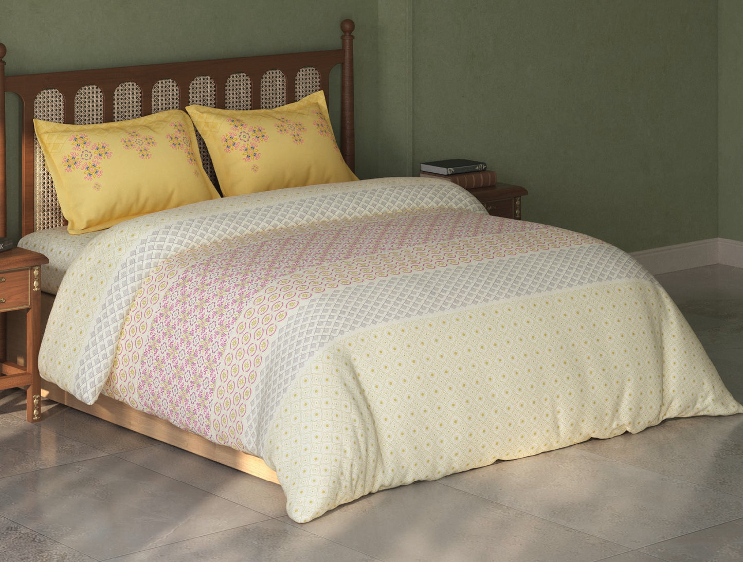 Spaces Tvara Light Yellow Floral 100% Cotton Large Bedsheet with 2 Pillow Covers - 108 x 108 Inches