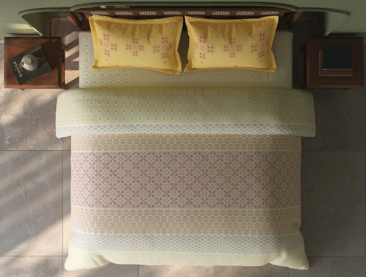 Spaces Tvara Light Yellow Floral 100% Cotton Large Bedsheet with 2 Pillow Covers - 108 x 108 Inches