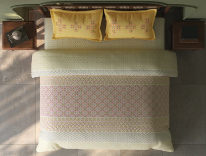 Spaces Tvara Light Yellow Floral 100% Cotton Large Bedsheet with 2 Pillow Covers - 108 x 108 Inches
