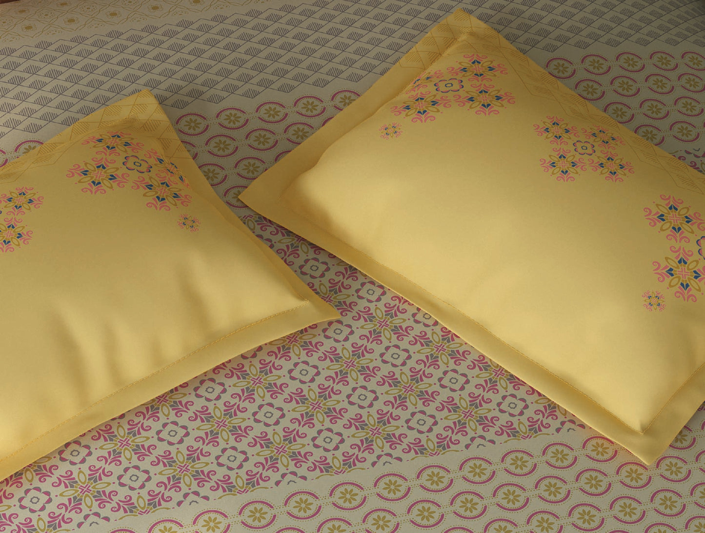 Spaces Tvara Light Yellow Floral 100% Cotton Large Bedsheet with 2 Pillow Covers - 108 x 108 Inches