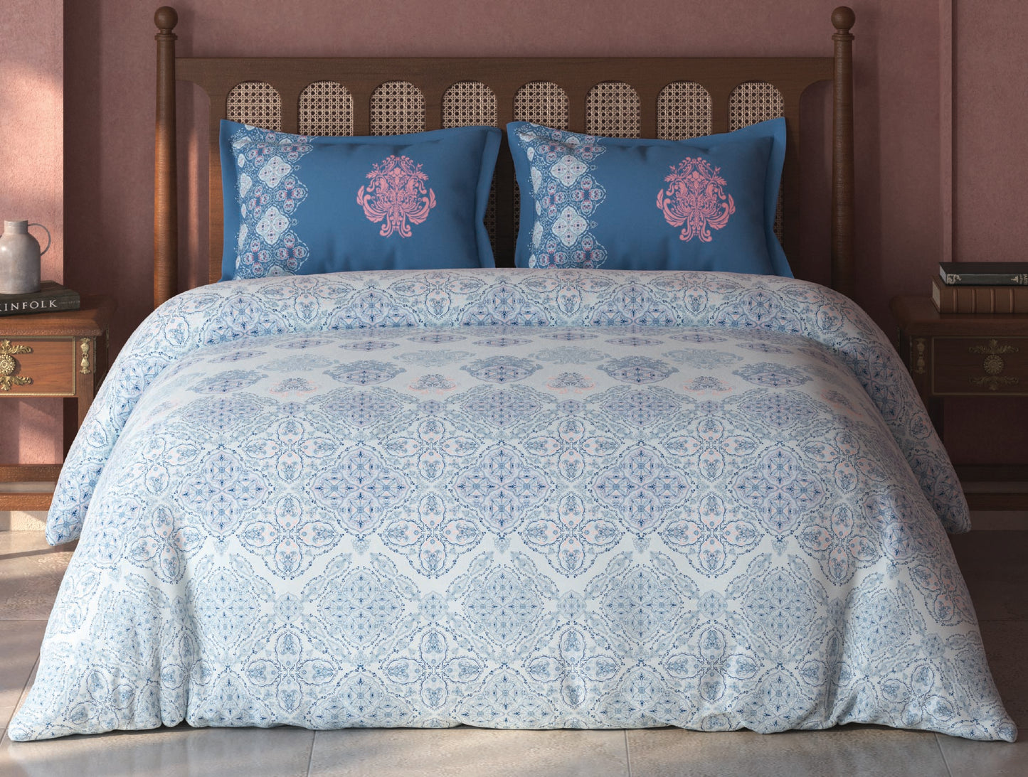 Spaces Tvara Light Blue Ornate 100% Cotton Large Bedsheet with 2 Pillow Covers - 108 x 108 Inches