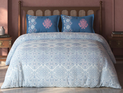 Spaces Tvara Light Blue Ornate 100% Cotton Large Bedsheet with 2 Pillow Covers - 108 x 108 Inches