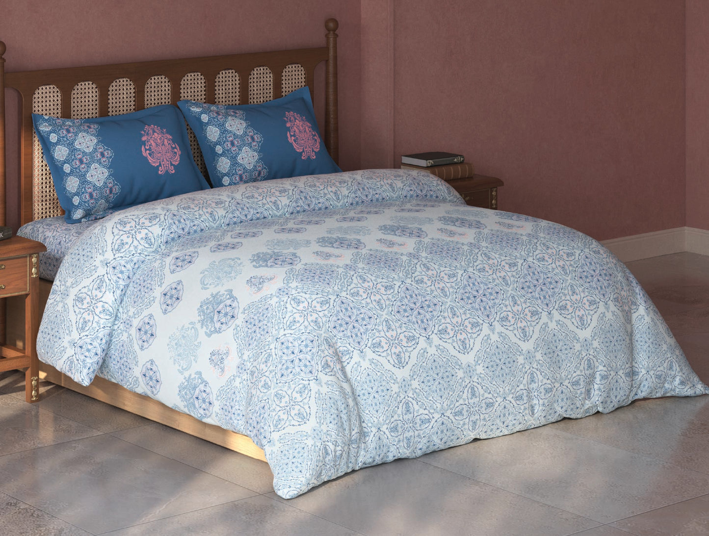 Spaces Tvara Light Blue Ornate 100% Cotton Large Bedsheet with 2 Pillow Covers - 108 x 108 Inches