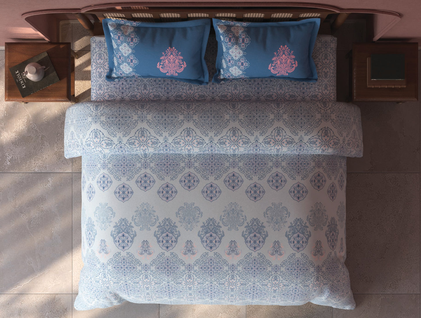 Spaces Tvara Light Blue Ornate 100% Cotton Large Bedsheet with 2 Pillow Covers - 108 x 108 Inches