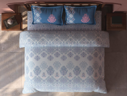 Spaces Tvara Light Blue Ornate 100% Cotton Large Bedsheet with 2 Pillow Covers - 108 x 108 Inches