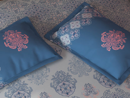Spaces Tvara Light Blue Ornate 100% Cotton Large Bedsheet with 2 Pillow Covers - 108 x 108 Inches