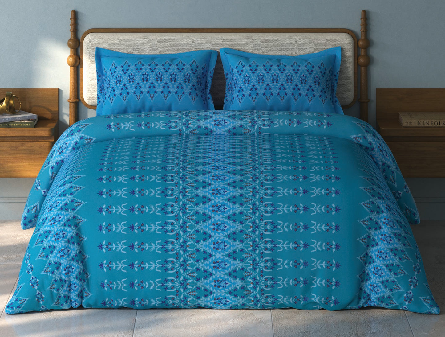 Spaces Aurum Aqua Ornate PolyCotton Double Bedsheet with 2 Pillow Covers - 88 x 100 Inches