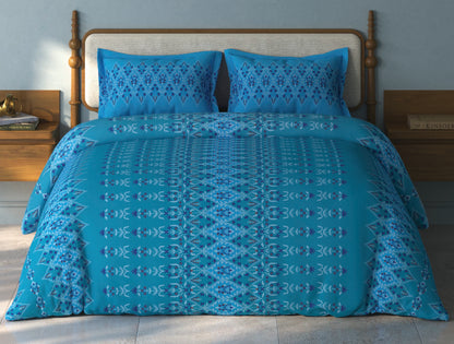 Spaces Aurum Aqua Ornate PolyCotton Double Bedsheet with 2 Pillow Covers - 88 x 100 Inches