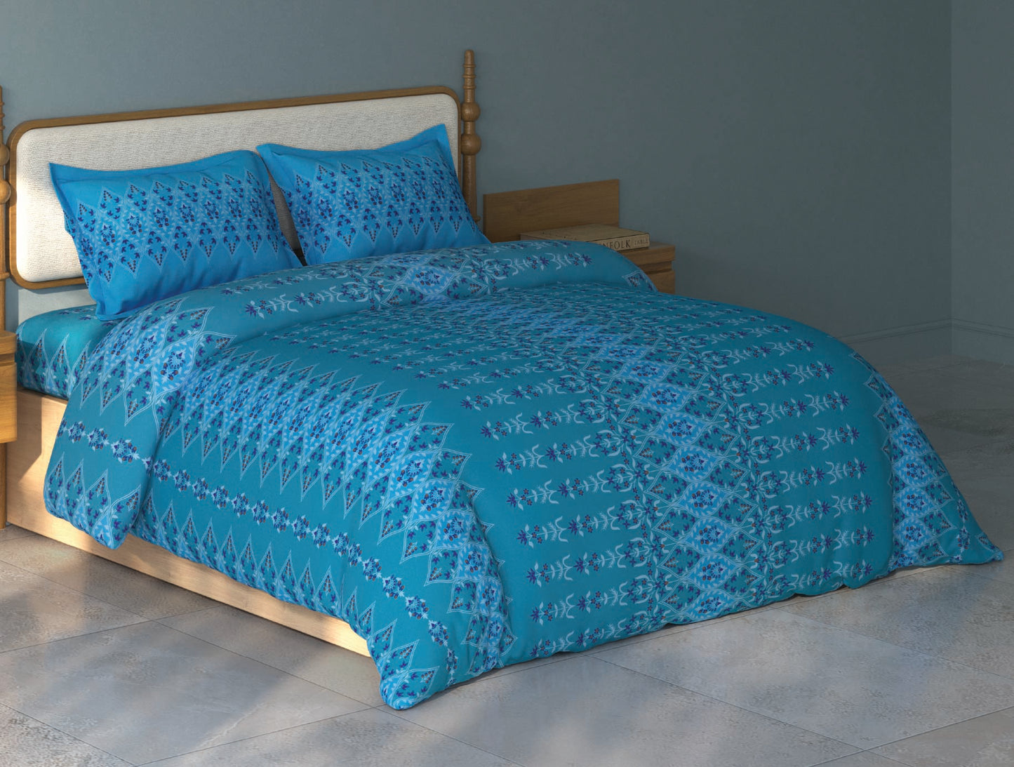 Spaces Aurum Aqua Ornate PolyCotton Double Bedsheet with 2 Pillow Covers - 88 x 100 Inches