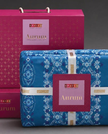 Spaces Aurum Aqua Ornate PolyCotton Double Bedsheet with 2 Pillow Covers - 88 x 100 Inches