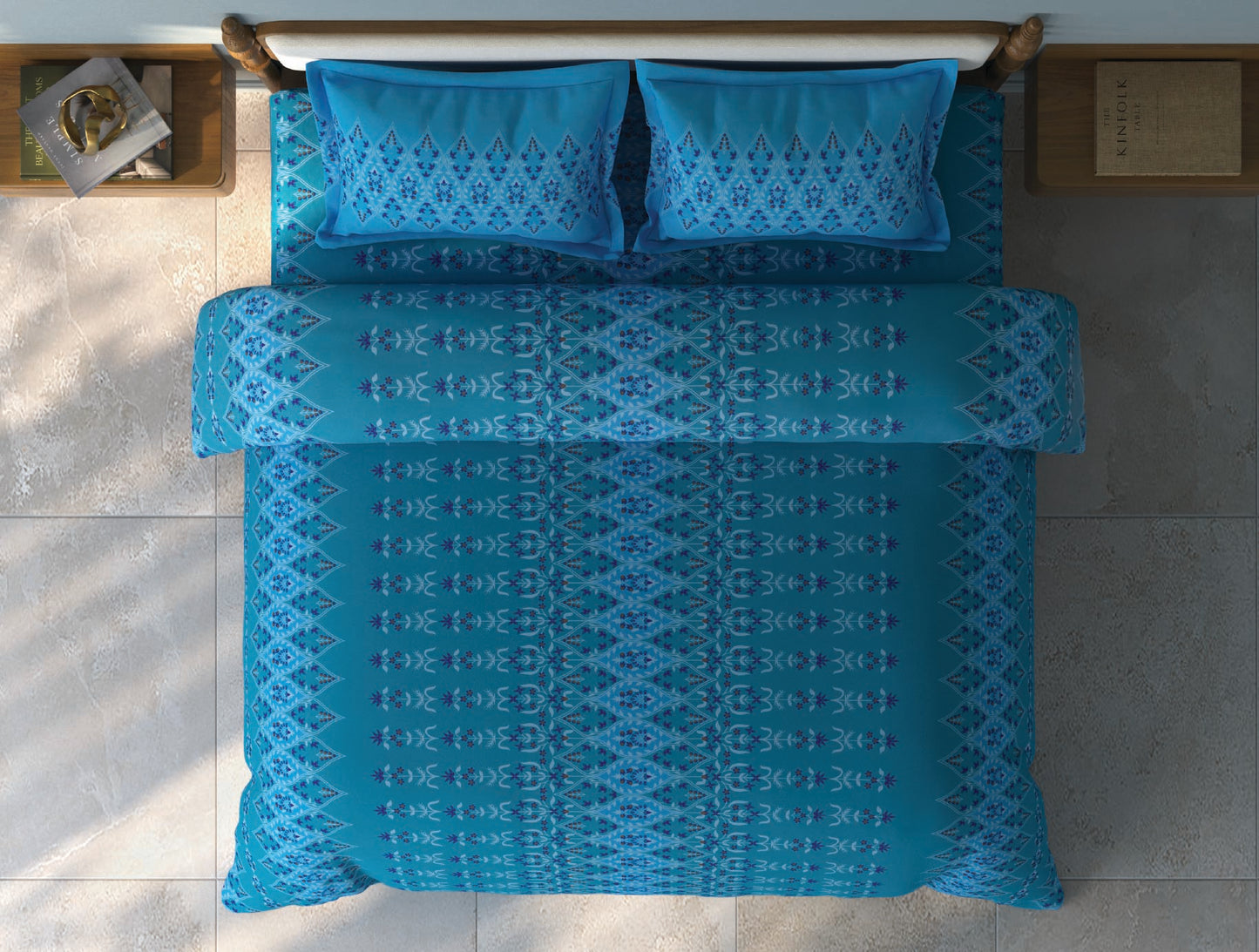 Spaces Aurum Aqua Ornate PolyCotton Double Bedsheet with 2 Pillow Covers - 88 x 100 Inches