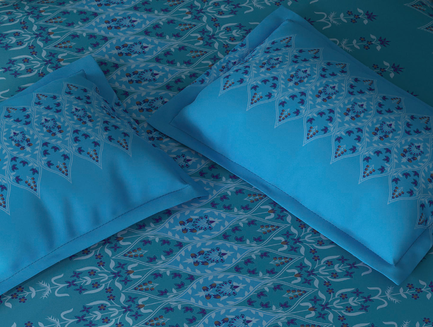 Spaces Aurum Aqua Ornate PolyCotton Double Bedsheet with 2 Pillow Covers - 88 x 100 Inches