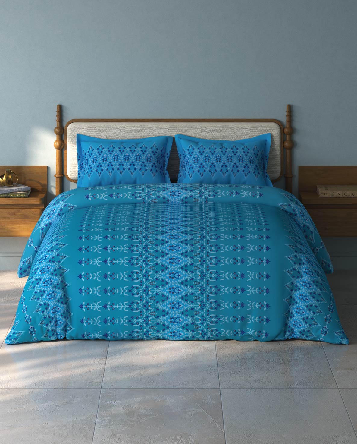 Spaces Aurum Aqua Ornate PolyCotton Double Bedsheet with 2 Pillow Covers - 88 x 100 Inches