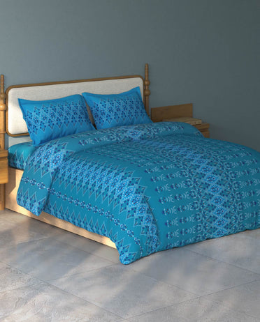 Spaces Aurum Aqua Ornate PolyCotton Double Bedsheet with 2 Pillow Covers - 88 x 100 Inches