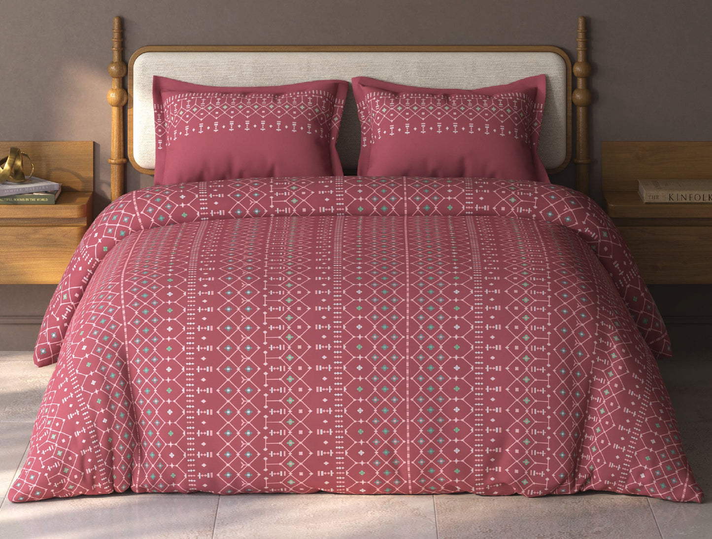 Spaces Aurum Dark Pink Geometric PolyCotton Double Bedsheet with 2 Pillow Covers - 88 x 100 Inches