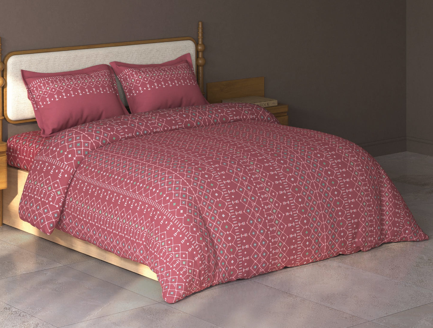 Spaces Aurum Dark Pink Geometric PolyCotton Double Bedsheet with 2 Pillow Covers - 88 x 100 Inches