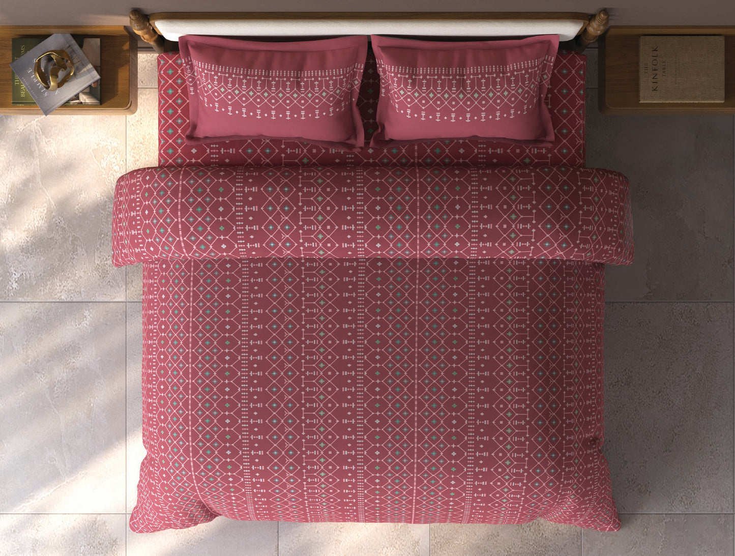 Spaces Aurum Dark Pink Geometric PolyCotton Double Bedsheet with 2 Pillow Covers - 88 x 100 Inches