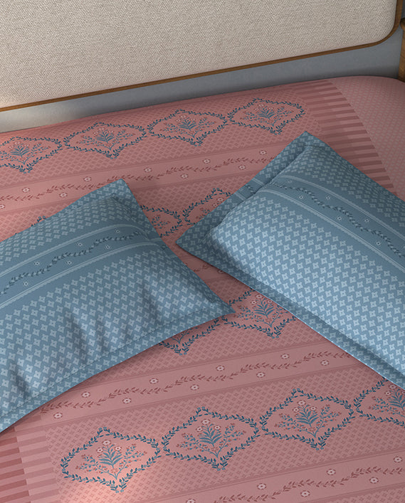 Spaces Aurum Light Pink Floral PolyCotton Double Bedsheet with 2 Pillow Covers - 88 x 100 Inches