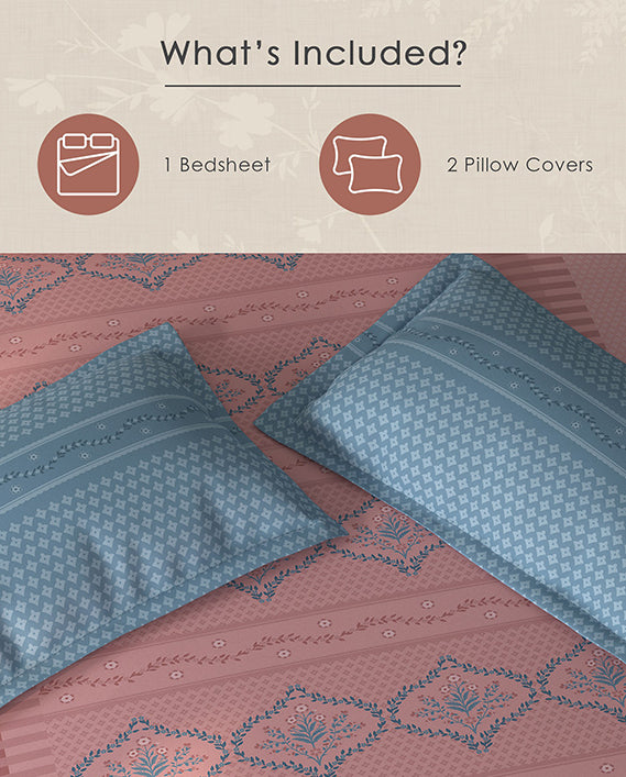 Spaces Aurum Light Pink Floral PolyCotton Double Bedsheet with 2 Pillow Covers - 88 x 100 Inches