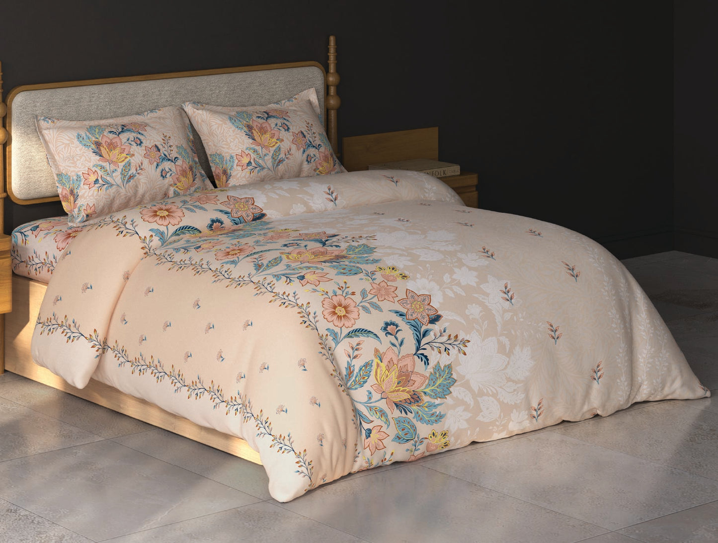 Spaces Aurum Light Peach Floral PolyCotton Double Bedsheet with 2 Pillow Covers - 88 x 100 Inches