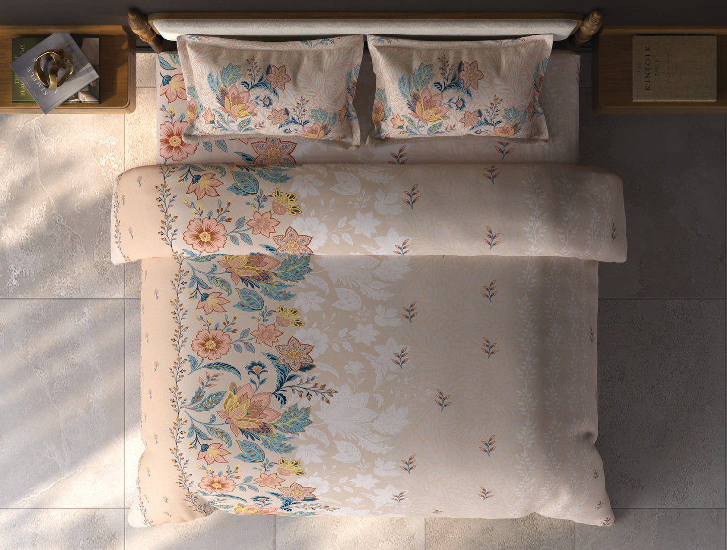 Spaces Aurum Light Peach Floral PolyCotton Double Bedsheet with 2 Pillow Covers - 88 x 100 Inches