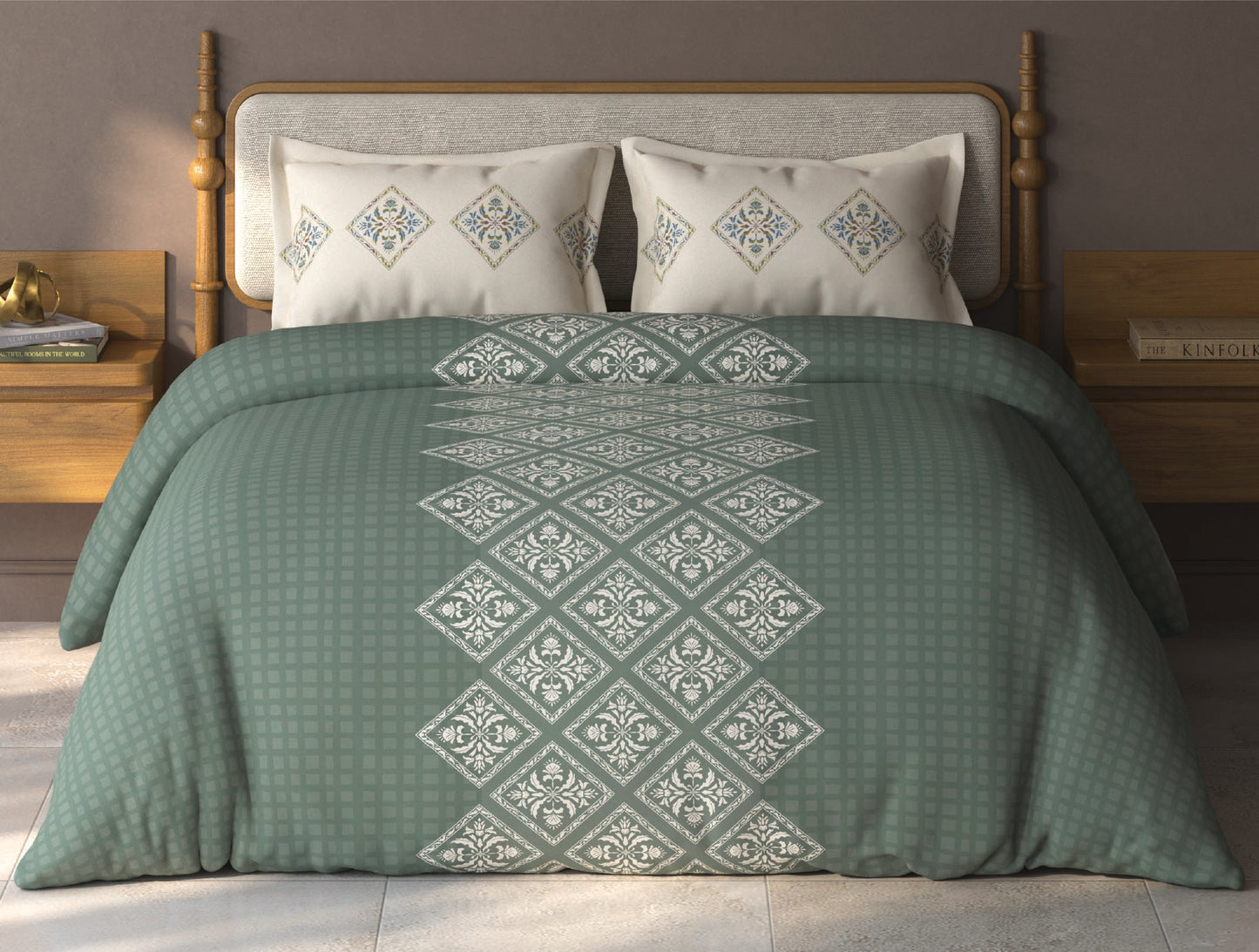 Spaces Aurum Light Green Ornate PolyCotton Double Bedsheet with 2 Pillow Covers - 88 x 100 Inches