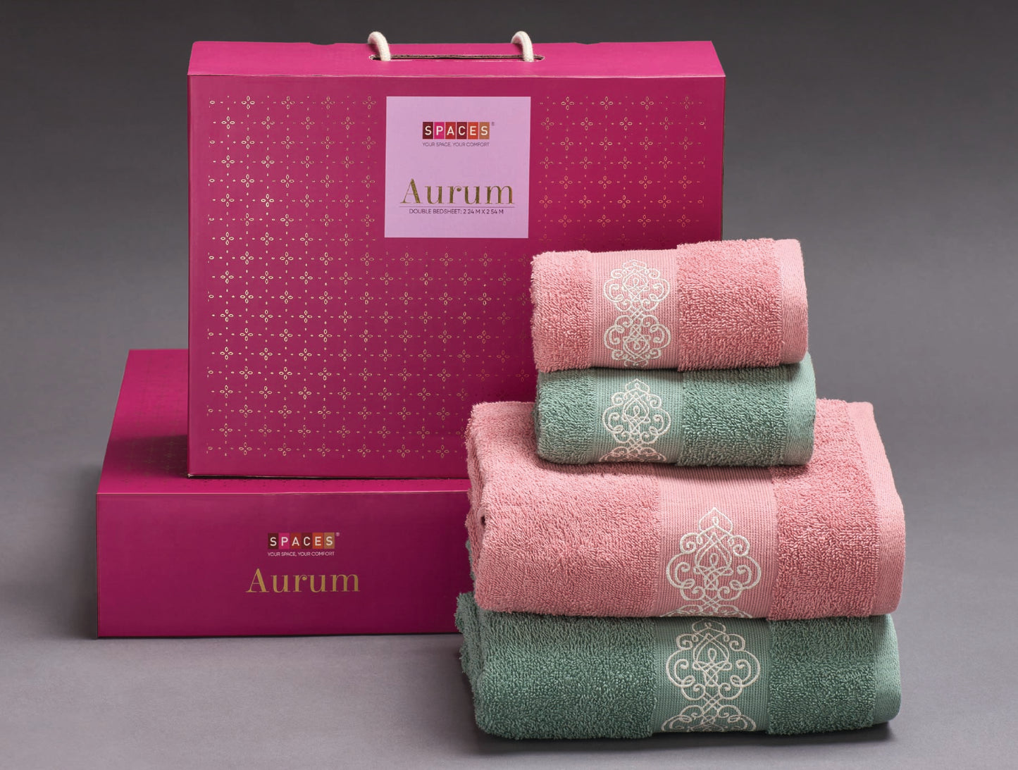 Spaces Aurum Thyme Solid 100% Cotton 400 GSM Towel Combo - 28 x 55 Inches