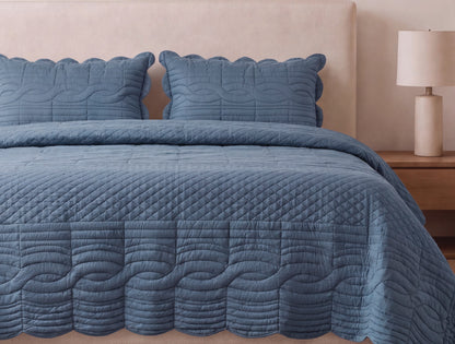 Spaces Scallop Blue Solid 100% Cotton Double Coverlet with 2 Pillow Covers - 87 x 106 Inches